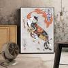 Solid Wood Frame Japanese Floating Samurai Cat Canvas Painting Retro Style Posters and Prints Wall Art Pictures for Living Room Wall Decor