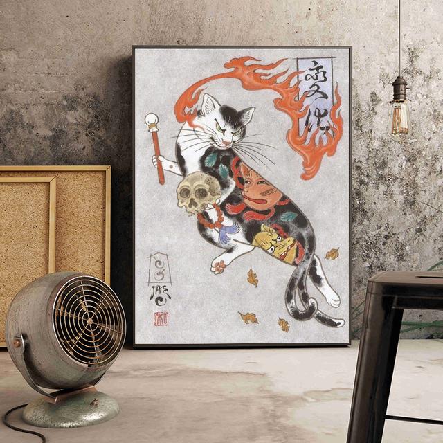 Solid Wood Frame Japanese Floating Samurai Cat Canvas Painting Retro Style Posters and Prints Wall Art Pictures for Living Room Wall Decor