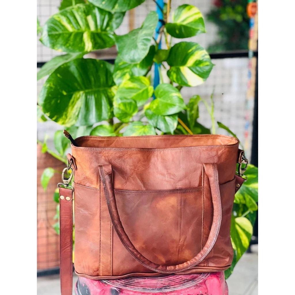 Women's Genuine Reliable Goat Leather Tote Shopping Handmade Bag