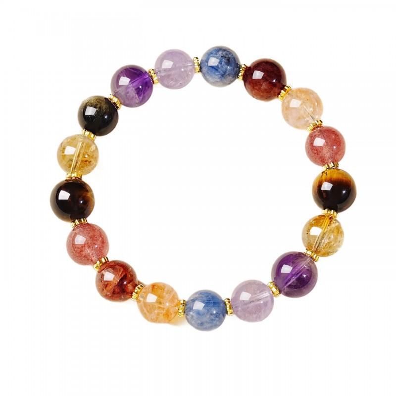 Natural Multigem Crystal Bracelet Women Purple Amethyst Yellow Citrine Strawberry Quartz Tigers Eye Gold Obsidian Handmade