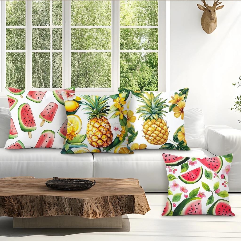 4Pcs Summer Fruit Print Single-Sided Cushion Cover For Living Room Bedroom Car Home Decor