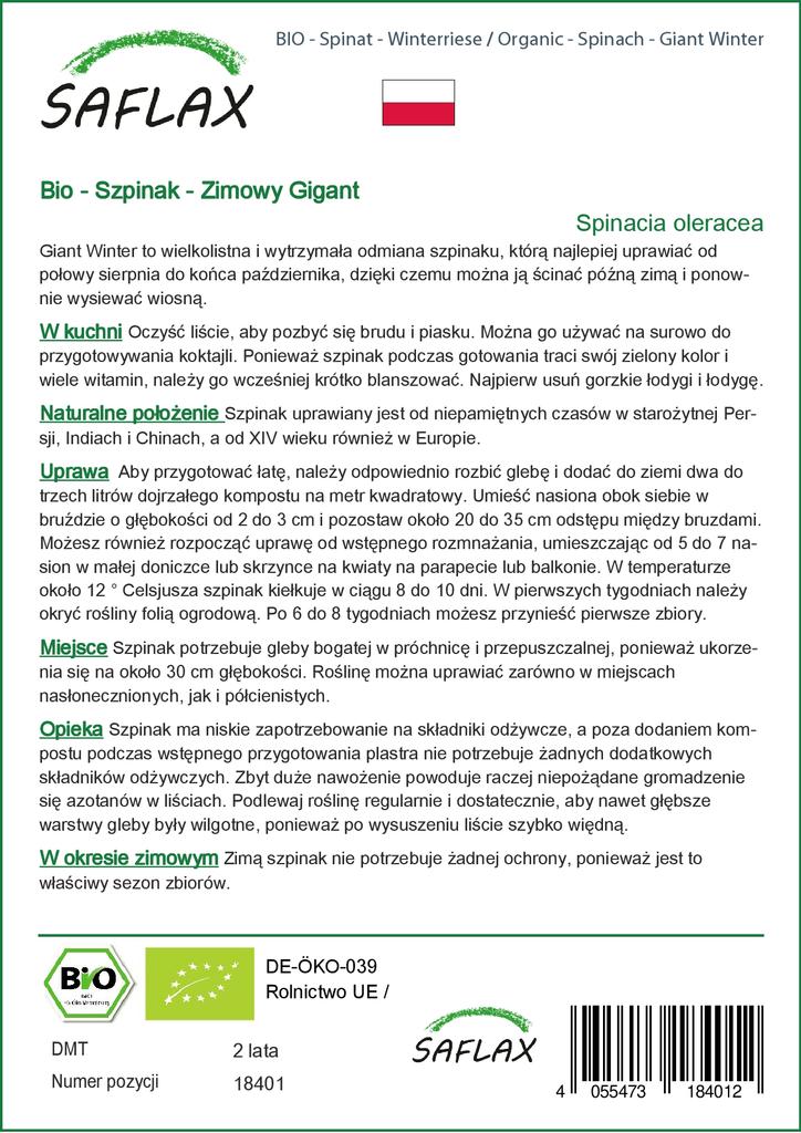 SAFLAX Garden in the Bag - Органический - Шпинат - Giant Winter - 250 семян - С субстратом в подходящем пакете - Spinacia oleracea