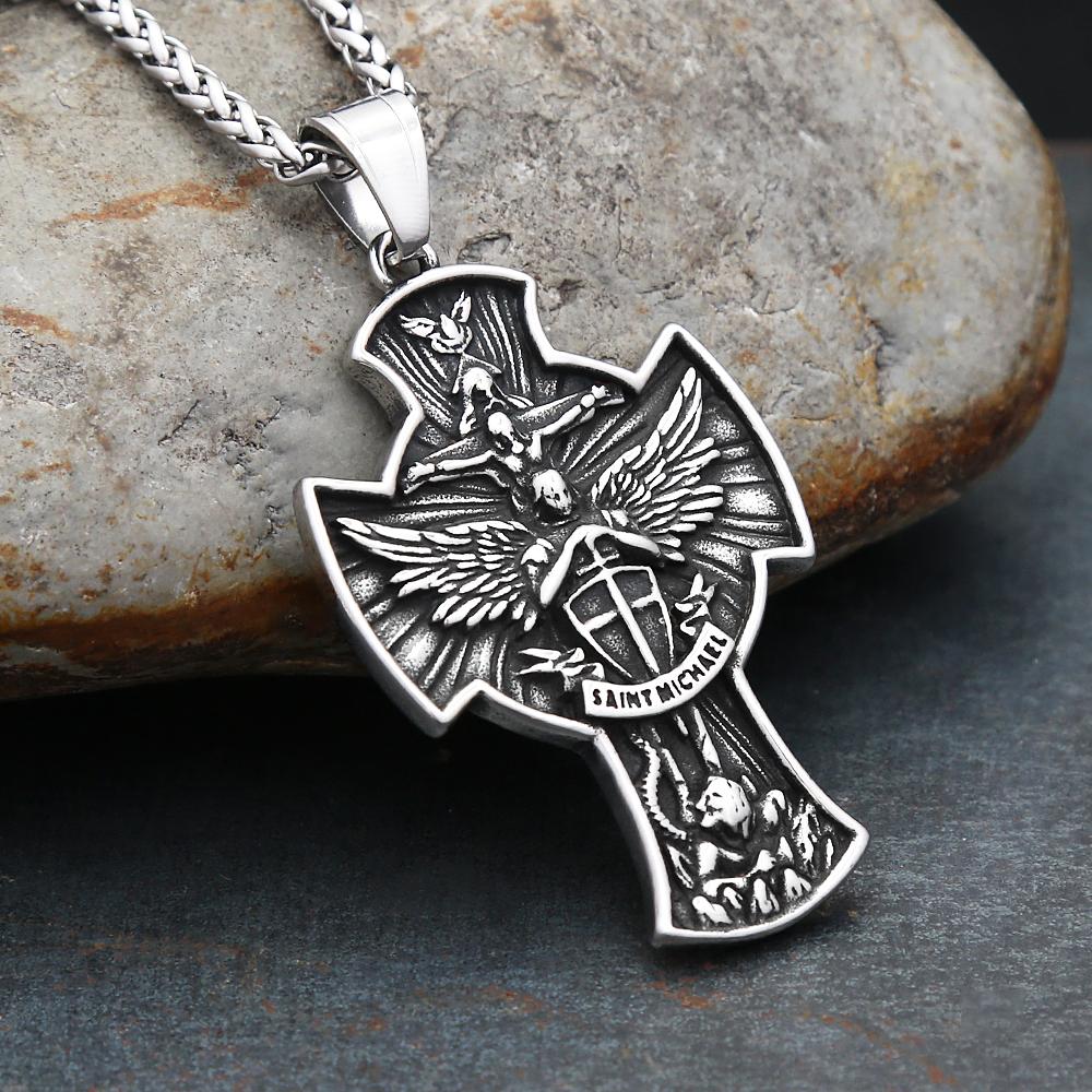 New Vintage Archangel Saint Michael Pendant Necklaces for Man Stainless Steel Angel Wings Cross Necklace Amulet Jewelry Gifts