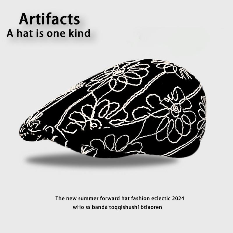 New flower embroidery forward hat children's summer big head circumference beret retro face little painter hat tide