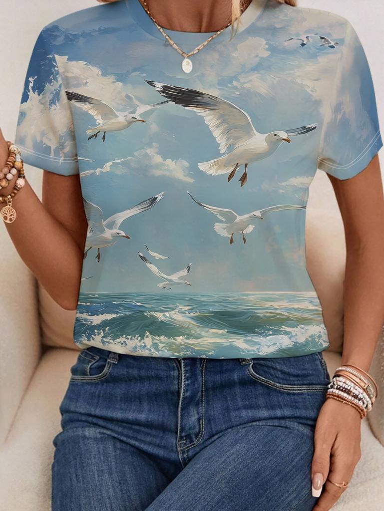 Summer Women's 3D Print T-Shirts Seagull Graphics Cute Animal Short Sleeves Top Round Neck Tees Casual Fashion Women's Clothing