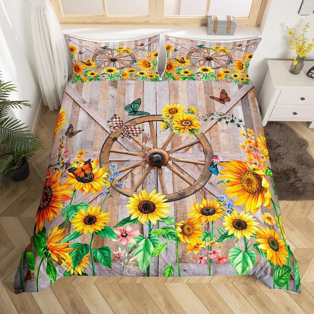 Rustic Farmhouse Bedding Sets Queen Country Butterfly Sunflower Duvet Cover Retro Barn Door Comforter Cover Cabin Lodge Bed Set