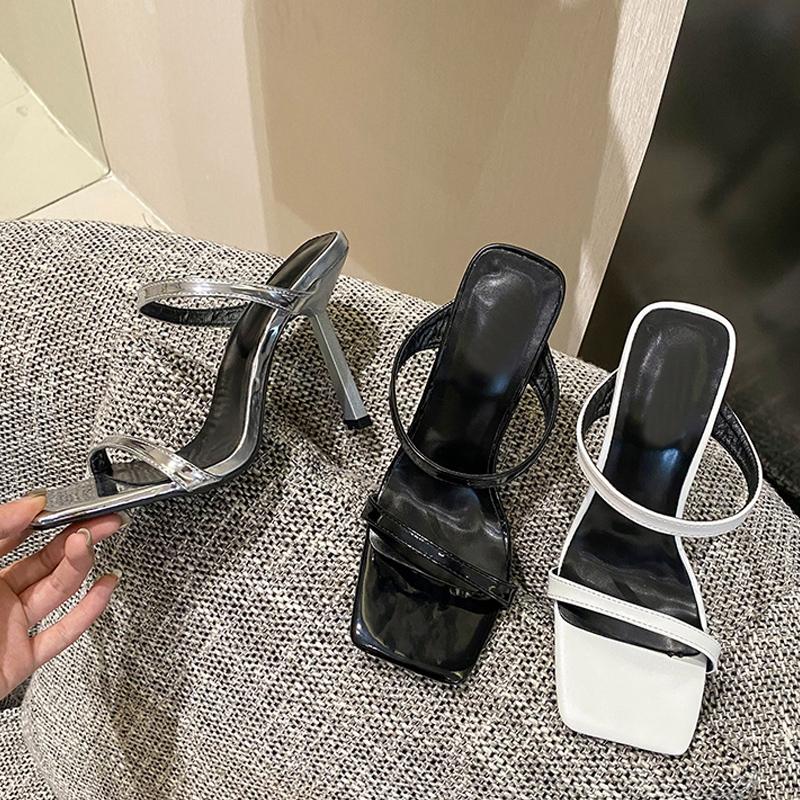 Летние женские тапочки с квадратным носком, уличные уличные сандалии-гладиаторы, сабо на тонком высоком каблуке, пляжные шлепанцы, женская обувь, туфли-лодочки