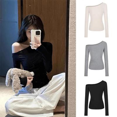 Новая женская футболка с длинным рукавом для чистой весны и осени, облегающая, с узким воротником, с открытыми плечами, облегающий низ, топ