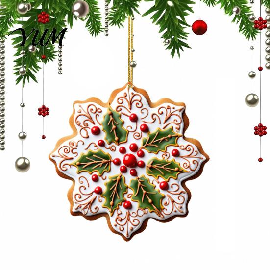 Indoor Hanging Decor 2D Acrylic Christmas Ornament, Gingerbread Snowflake Red Berry Decoration Decorative Holiday Pendants for Xmas Tree, Car Rearview