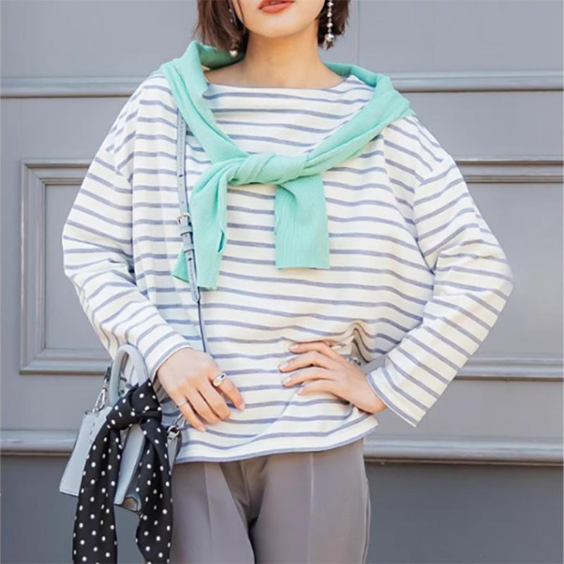 Новая полосатая женская футболка с длинными рукавами, осенняя, японская, простая, нишевая, повседневная и универсальная, круглый вырез, свитер, топ