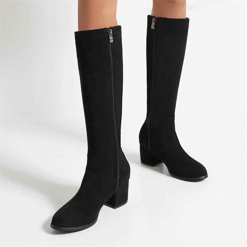 Модные женские сапоги из флока до колена, осенне-зимняя обувь, черные, бежевые, на низком каблуке, длинные, высокие сапоги до бедра, женские меховые туфли, большой размер 48