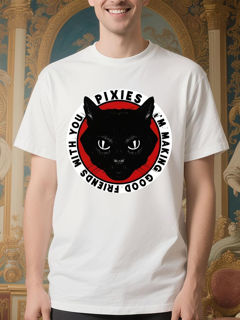 Pixies Official - White Tee with Black Pixie Cat Face & Red Circle Graphic T-shirt