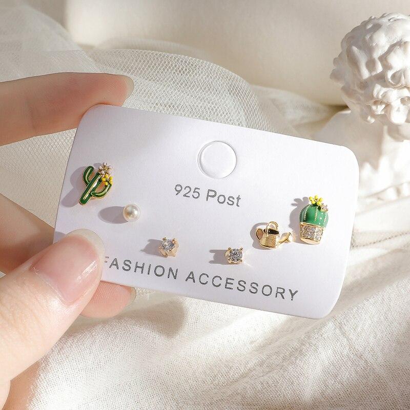 Прекрасный кактус в горшке с жемчугом и цирконием, набор серег-гвоздиков для женщин, геометрические серьги из 6 предметов, комплект ювелирных изделий, подарки