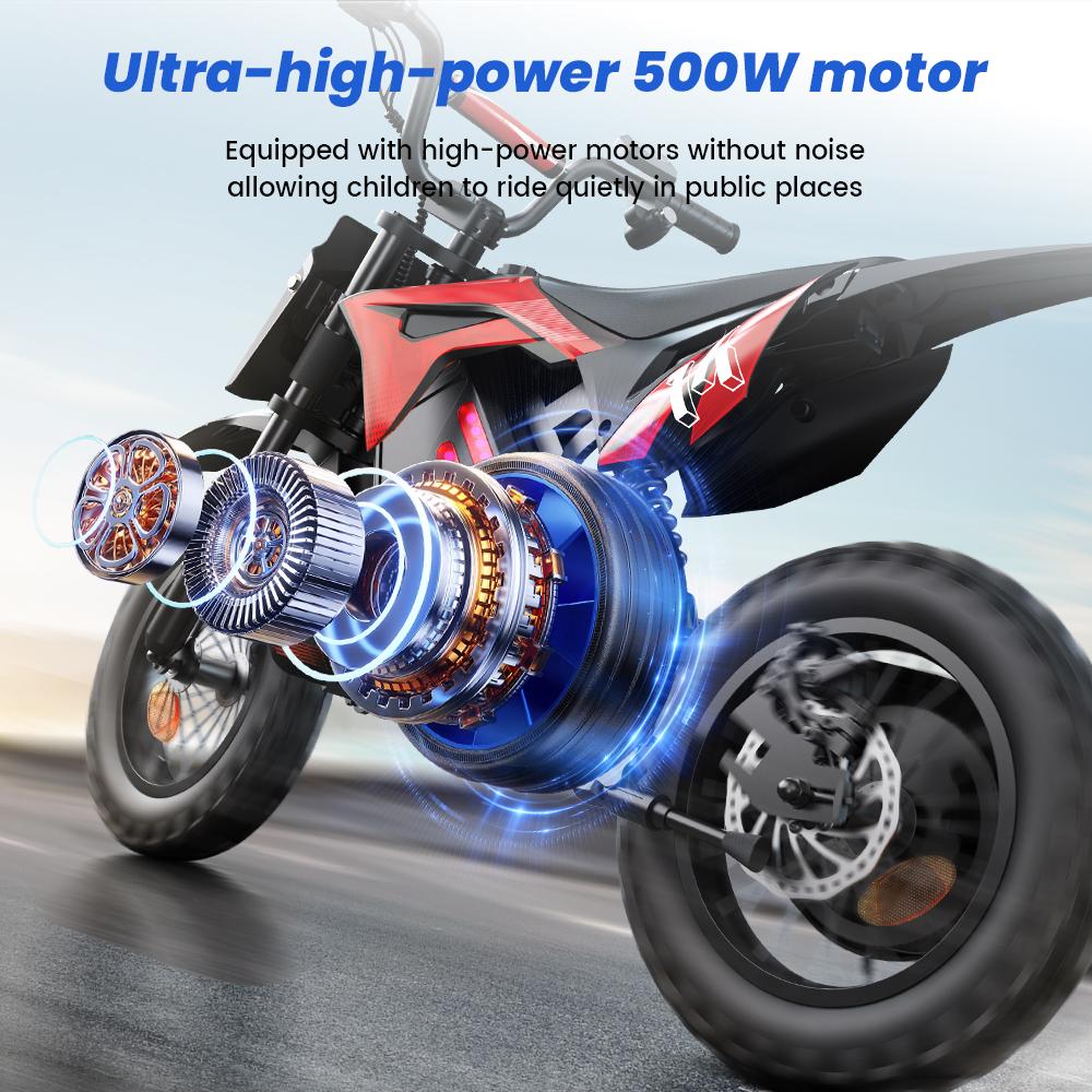 A14 Kids ELECTRIC DIRT BIKE 14 Inch 500W Motor 36V5.2Ah Battery 20-22km Range Shock Absorption, Bluetooth LED Lights