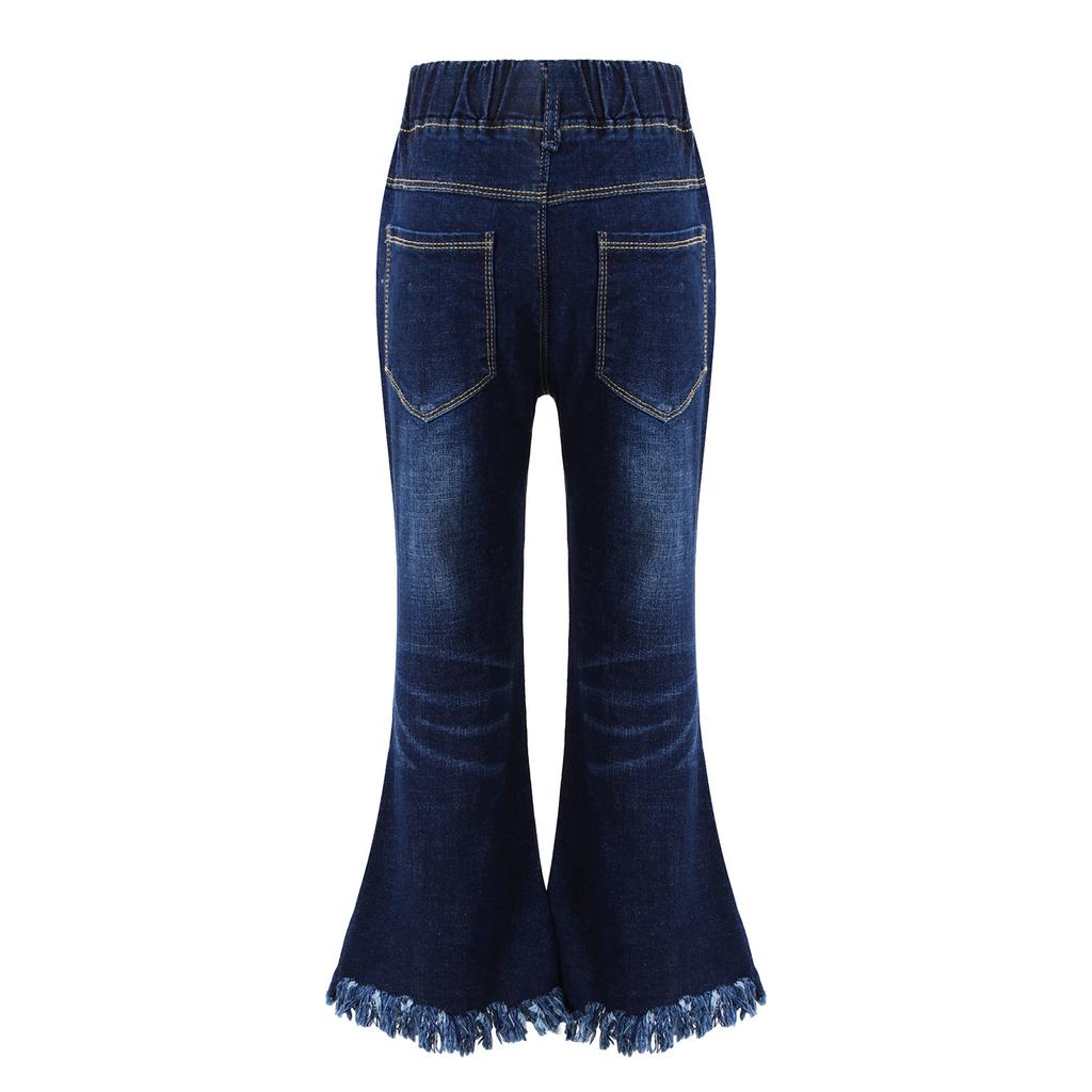 Детские джинсовые брюки-клеш для девочек, эластичный пояс, бант, кисточки, стильные длинные брюки для повседневной носки