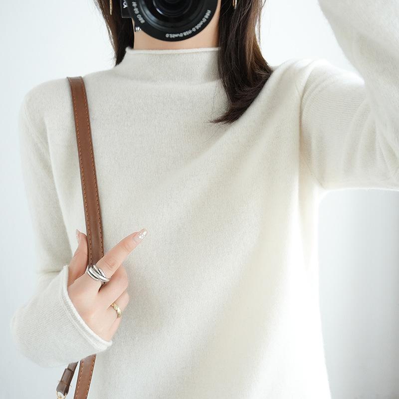 Осенне-зимний женский свитер из чистой шерсти, пуловер с полувысоким закругленным краем, свитер с длинными рукавами, тонкий трикотаж