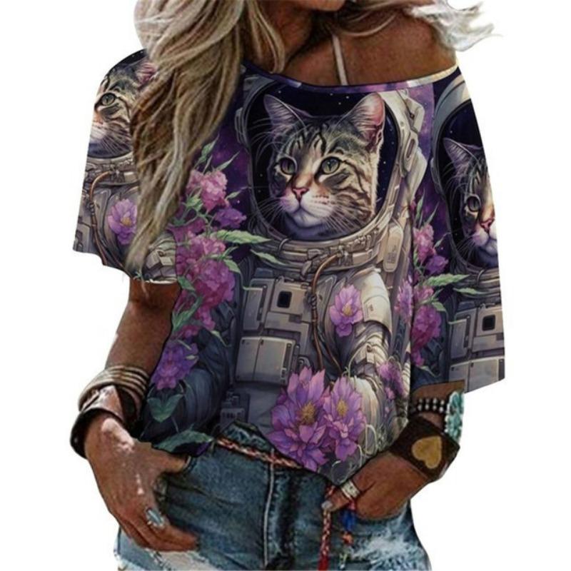 Летняя женская футболка с круглым вырезом, модная уличная футболка с коротким рукавом, 3D-принт с изображением кота, женская одежда больших размеров