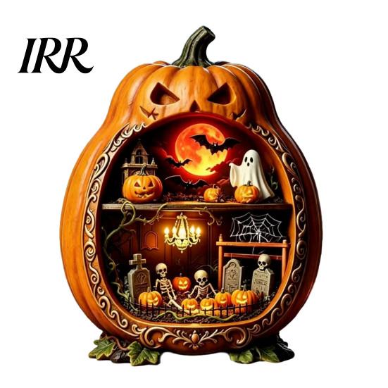 Halloween Cobweb Decorations Centerpiece Pumpkin, Wooden Pumpkin Ornament with Miniature Scenes, Rustic Ornaments Skeleton for Farmhouse Home