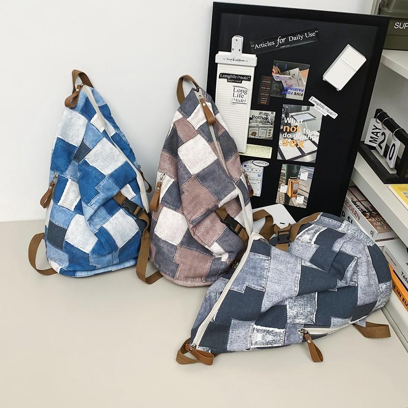 Джинсовый женский рюкзак с цветными блоками, мужские клетчатые рюкзаки, большая вместительная сумка на плечо, студенческая школьная сумка