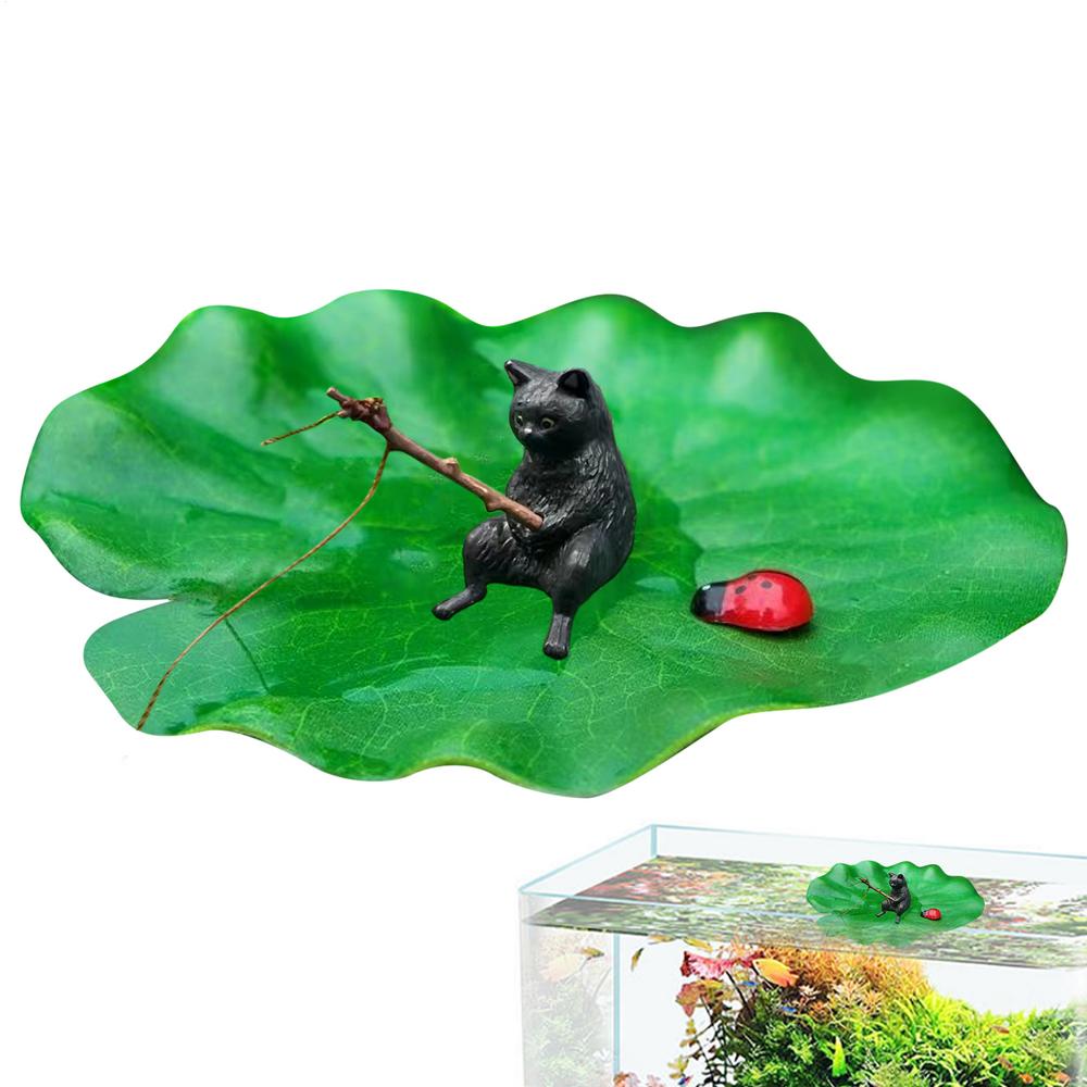 Cat Fishing Aquarium Model Decoration Cat Fishing On Floating Lily Pad Betta Fish Tank Decor Model For Garden Pond Fish Tank