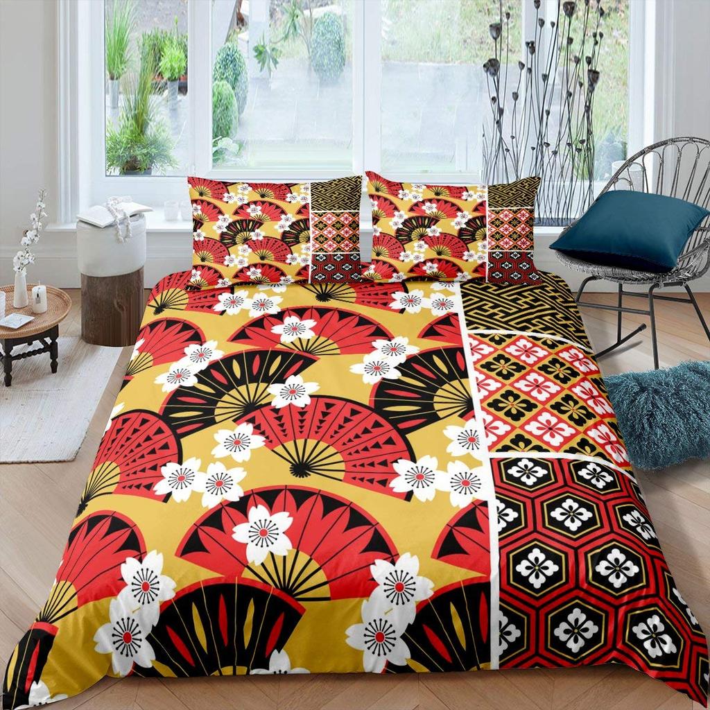 Japanese Style King Queen Duvet Cover Koi Fish Cherry Bedding Set Ukiyo-E Geisha Quilt Cover Sun Crane Polyester Comforter Cover