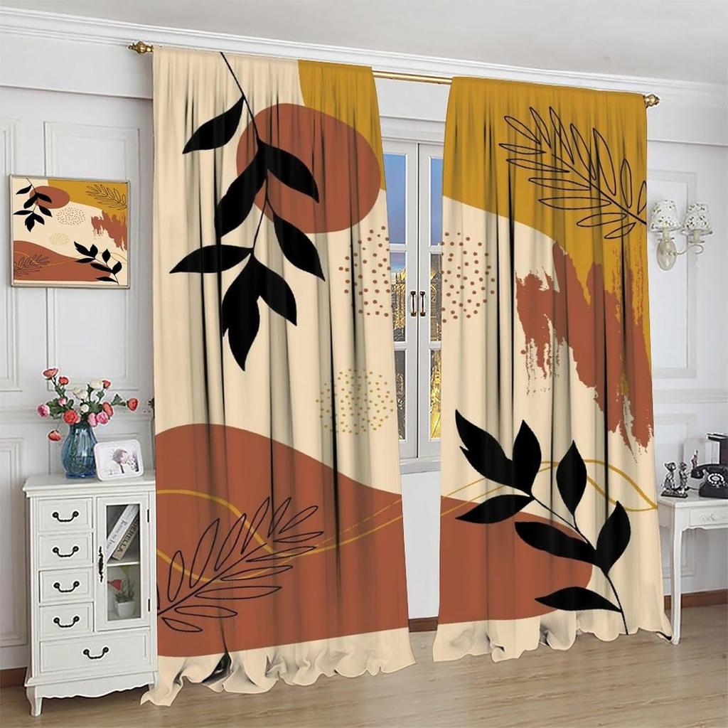 Занавеска в стиле Mid Century Abstract Boho, Оранжевый Декор, Весна Лето, Розовый Зеленый, Природный Лист, Солнце, Современный Дом, Кухня, Гостиная, Кофейный
