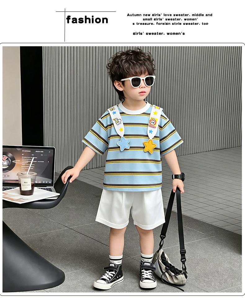 Boys' Summer Set, Western Style, Boys' and Girls' Striped Short sleeved T-shirt, 2026 New Style, Handsome and Casual Summer Dress for Children