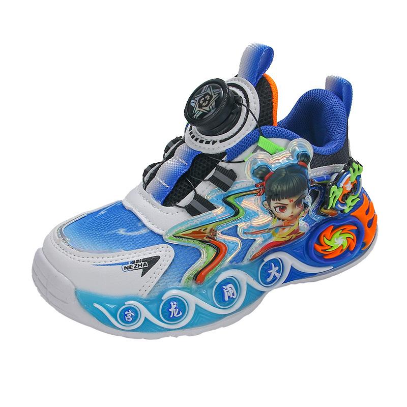 Boys' sneakers with rotating buttons, new light-up summer and autumn mesh breathable children's running shoes