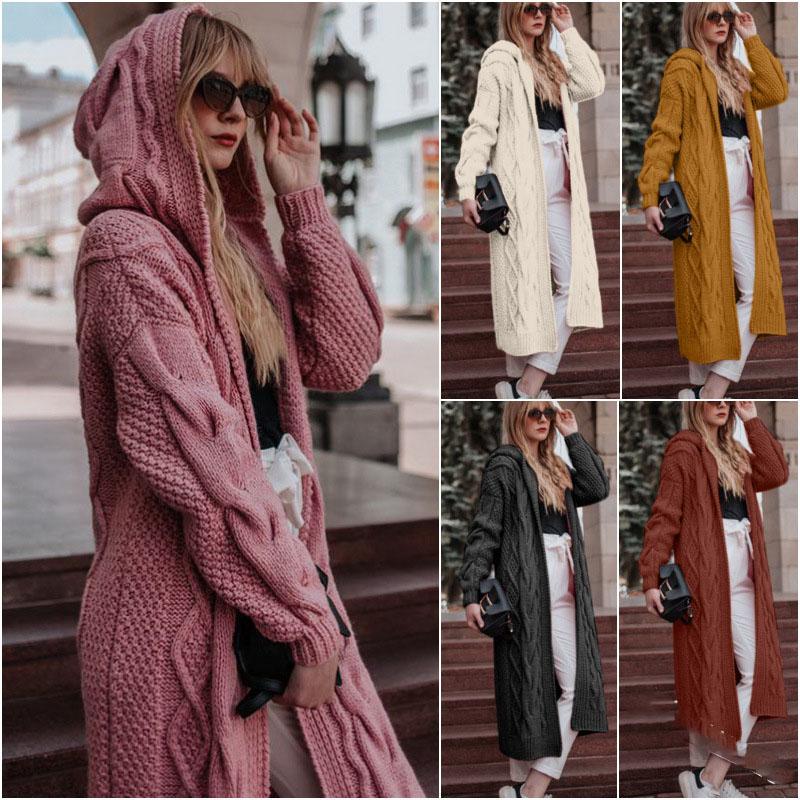 Sweaters For Women Cardigan New Style Solid Color Hooded Long Loose Cardigan Sweater Twist Knit Women Clothes