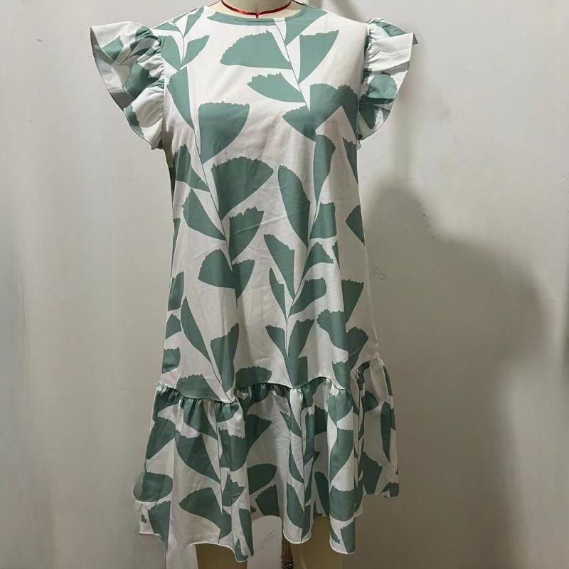 2024 Лето Свободные повседневные платья с рюшами и рукавами Женское короткое платье с круглым вырезом и принтом Женская мода Элегантное праздничное пляжное платье трапециевидной формы 24500