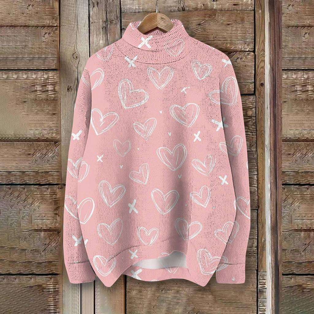 Женская мода, повседневная водолазка с круглым вырезом и длинными рукавами, с принтом ко Дню святого Валентина, трикотажный топ