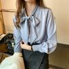 Korean Loose Tops Spring Satin Chiffon Blouse Women White Office Lady Clothes with Bow Blue Long Sleeve Shirt