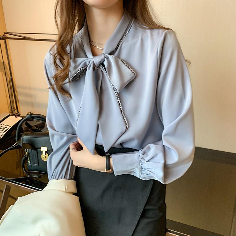 Korean Loose Tops Spring Satin Chiffon Blouse Women White Office Lady Clothes with Bow Blue Long Sleeve Shirt