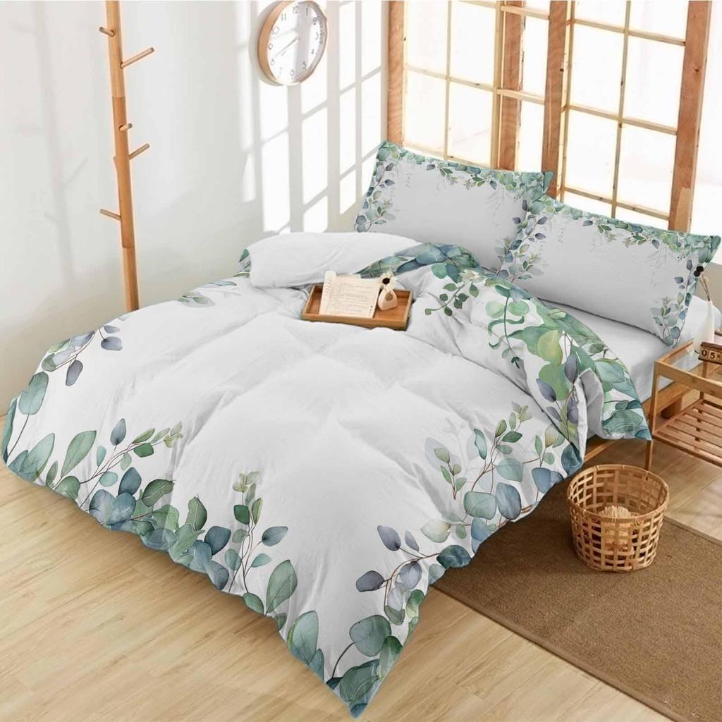 Sage Green Botanical Comforter Cover Eucalyptus Leaves Duvet Cover Spring Watercolor Plants Bedding Set Rustic Farmhouse Bed Set