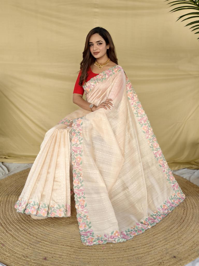 Pure Tussar Silk Saree for Women | Floral & Bird Embroidered Border | Contrast Embroidery | Designer Ethnic Saree