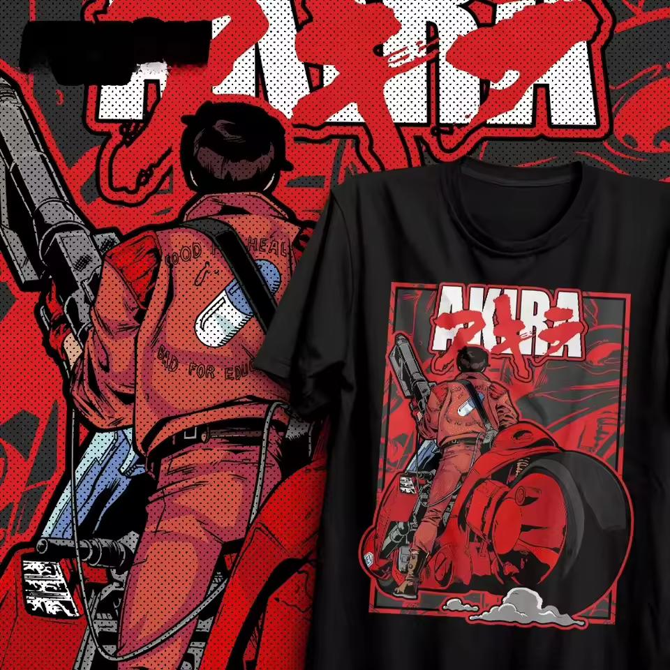 2026 Summer Akira Kaneda Red Motorcycle Retro Anime Manga Graphic Black T-Shirt Unisex Oversized Y2K Streetwear Cotton Tee