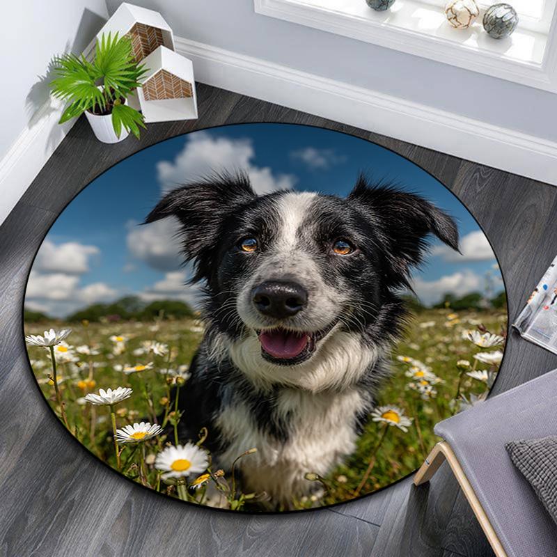 Happy Border Collie Round Area Rug,Carpet Rug for Living Room Bedroom Sofa Playroom Decor,Non-slip Floor Mat