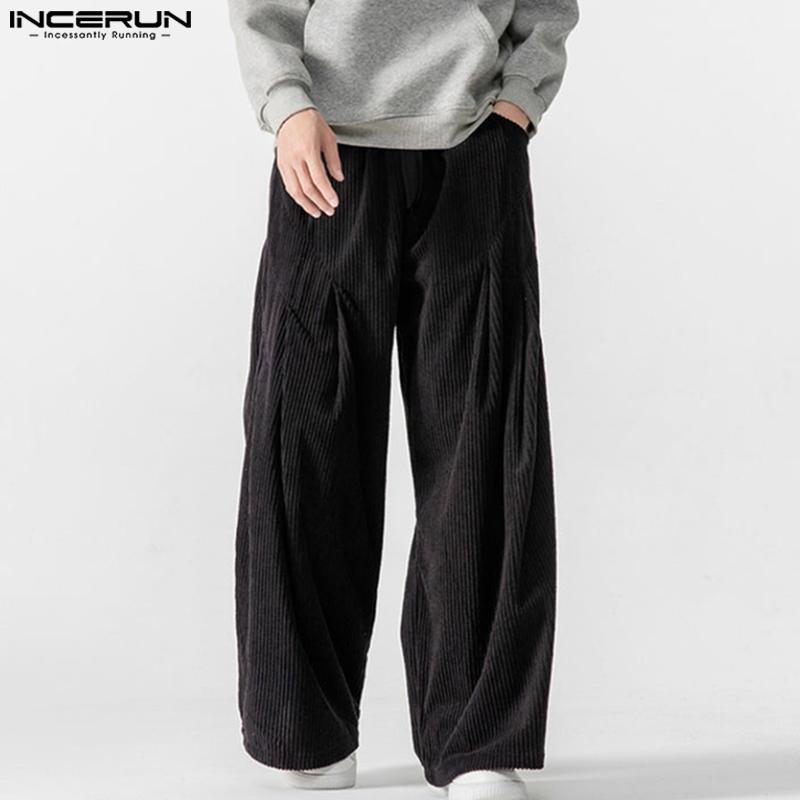 INCERUN Мужские эластичные талии, текстура, однотонные, повседневные, свободные, длинные, широкие брюки