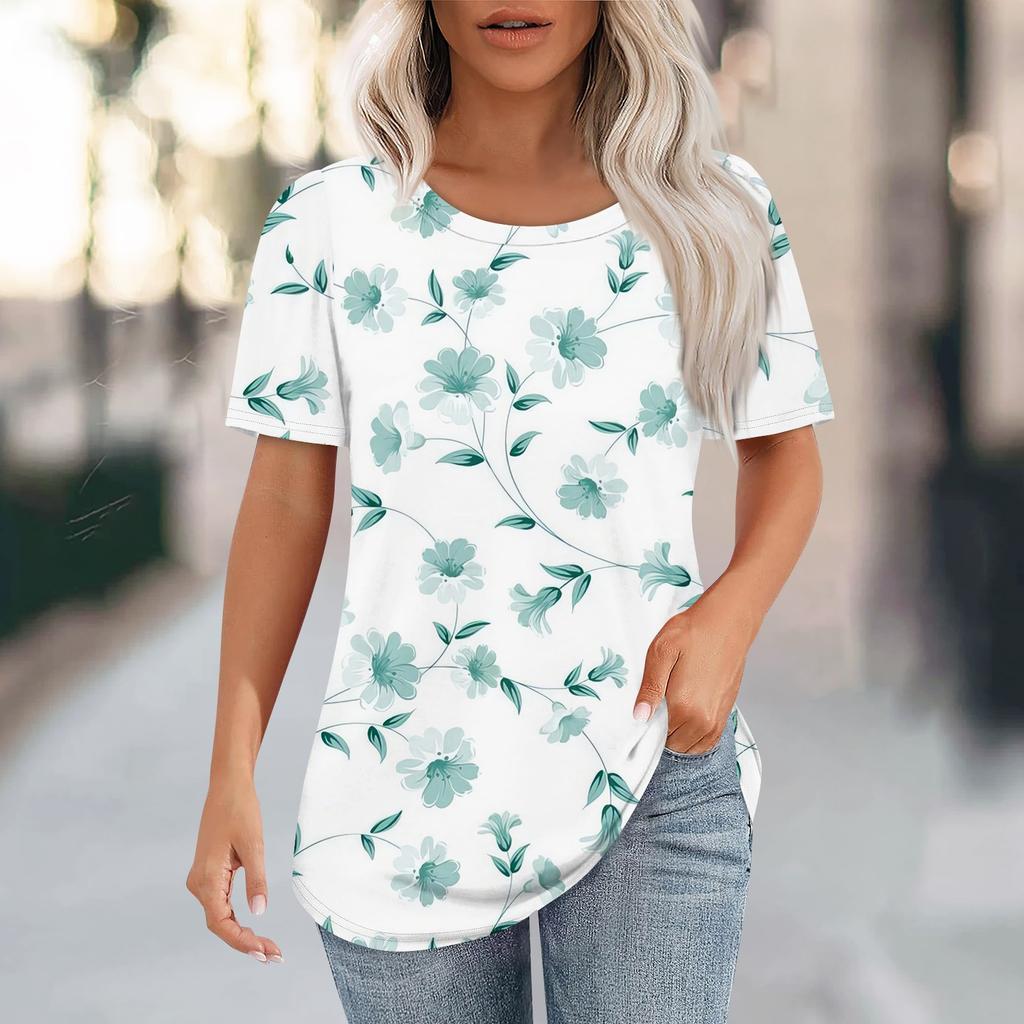 T Shirts For Women Pleated Round Neck Dressy Casual Blouses Printing Short Sleeve Summer Tops Loose Fit