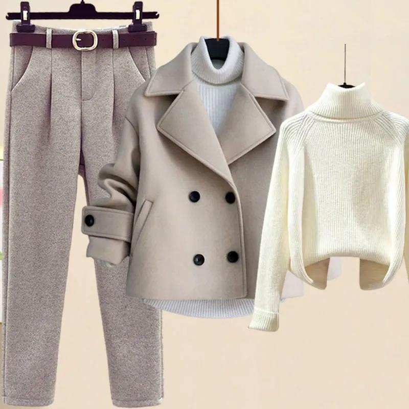 Autumn and Winter Woolen Coat + Turtleneck Sweater + High Waist Harlan Woolen Pants Three-piece Fashion Suit