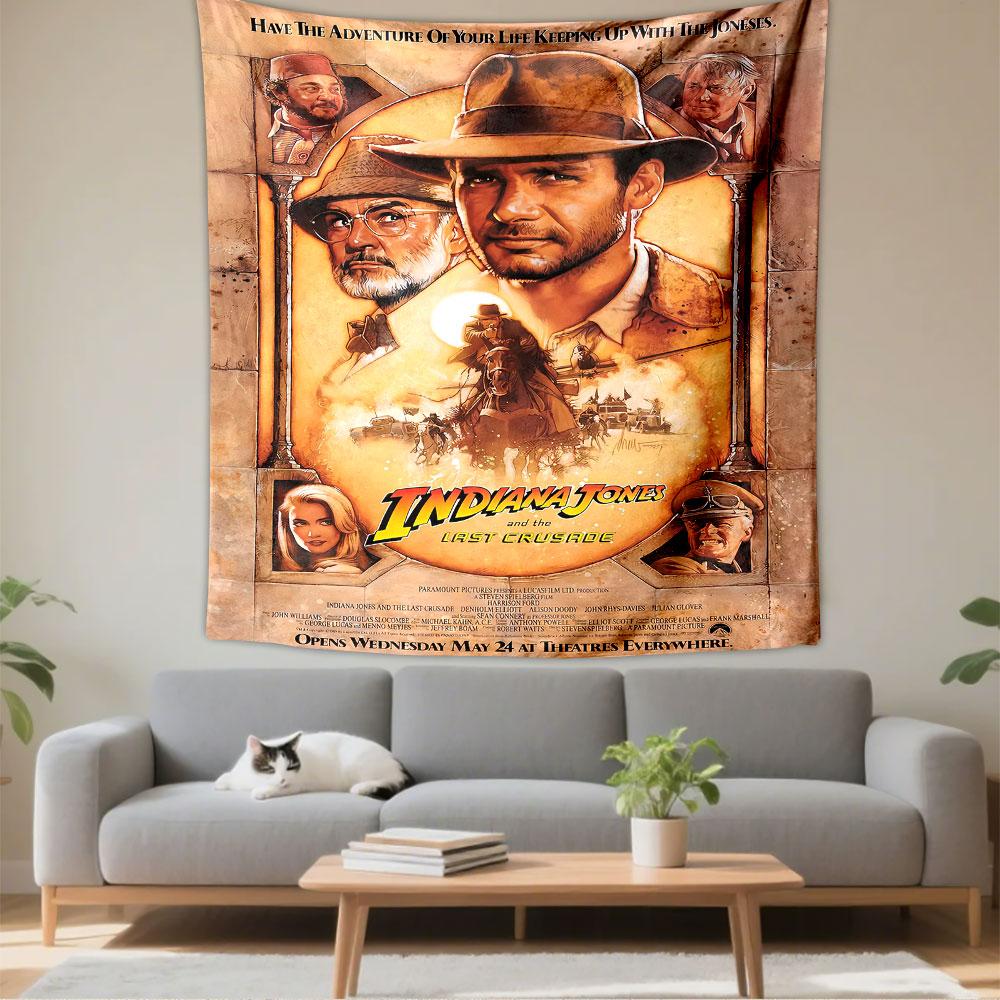 Indiana Jones Last Crusade Tapestry Wall Hanging, Adventure Movie Poster Art, Retro Wall Decor for Bedroom Living Room Dorm