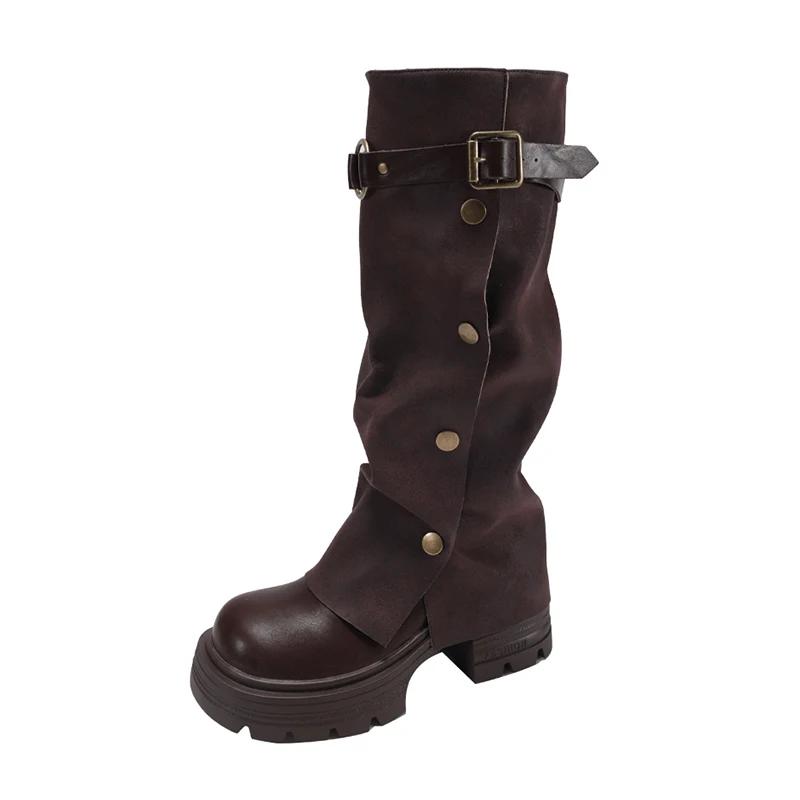 Модные женские кожаные высокие сапоги на платформе и высоком каблуке, женская обувь 2025 года, зимняя мода, дизайнерские мотоциклетные сапоги Mujer Botas