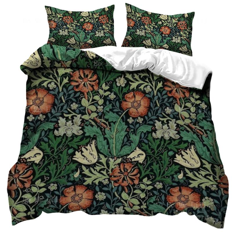 Комплект постельного белья William Morris Golden Lily с 2 наволочками, Мягкое микрофибровое постельное белье размера King/Queen, Пододеяльник с якобинским цветочным узором