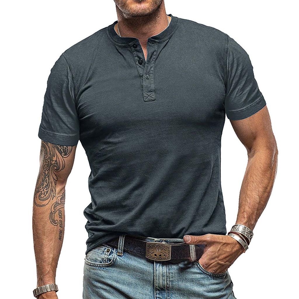 Summer European And American Men's Short Sleeved Men's Collarless T-shirt Solid Color Top