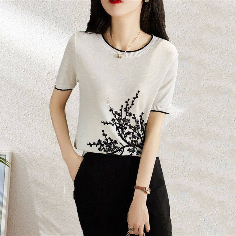 Женская вышитая футболка с короткими рукавами из ледяного шелка, летняя, новая, стильная, с круглым вырезом, тонкая футболка