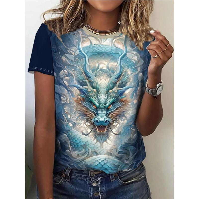 Summer Round Neck 3D Phoenix Dragon Pattern Printed Top Fashionable Casual Short Sleeved Women's T-shirt
