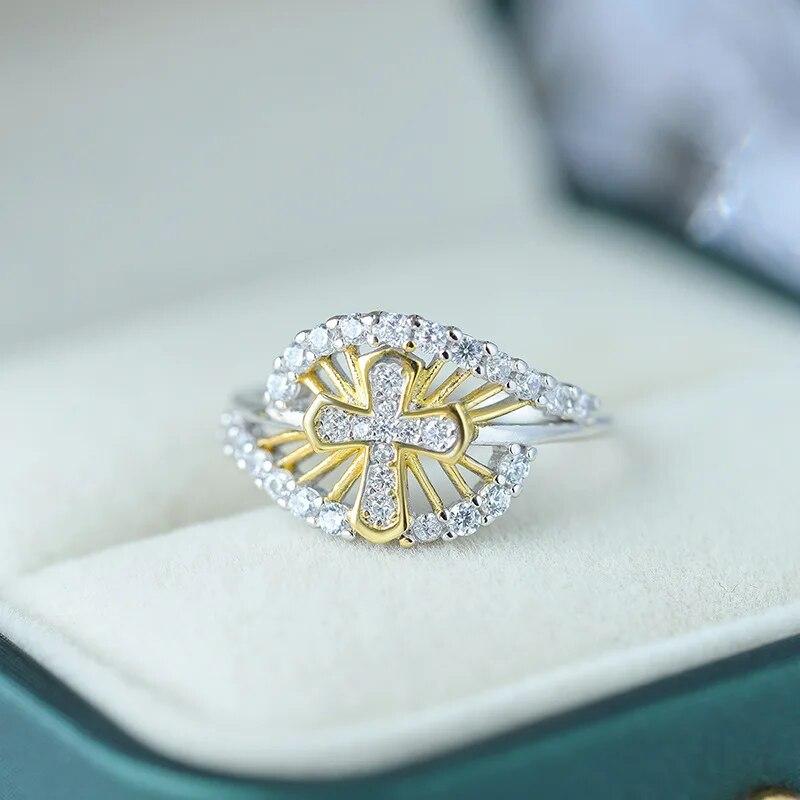 Оригинальность 18-каратного золота, ажурное ажурное кольцо для пары с крестом для женщин, стерлинговое серебро, свадебный подарок на помолвку, ювелирные изделия, кольца из стерлингового серебра для женщин