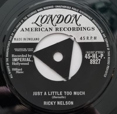 Пластинка 7 дюймов RICKY NELSON - Just A Little Too Much 45HLP8927 London Records 1958 UK Rock Б/у