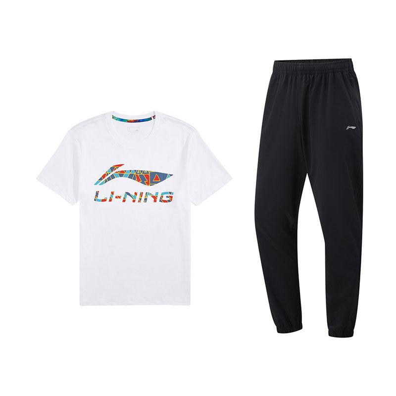 Li-Ning Свободная удобная футболка с круглым вырезом и длинные брюки с манжетами Повседневный спортивный комплект Мужские комплекты A19-1+V223-1