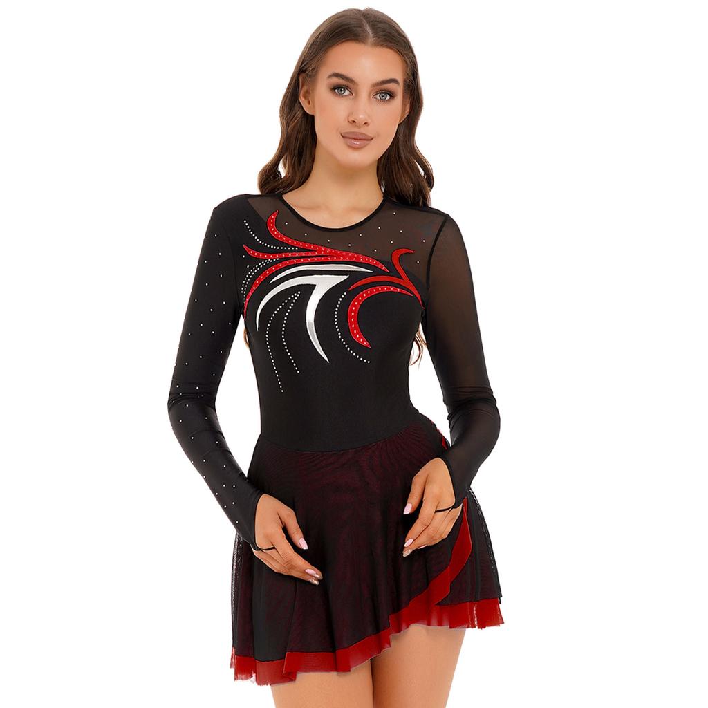Женское платье для фигурного катания с длинными рукавами, сетчатое платье со стразами для катания на роликах, лирический танцевальный костюм, балетное трико, платье